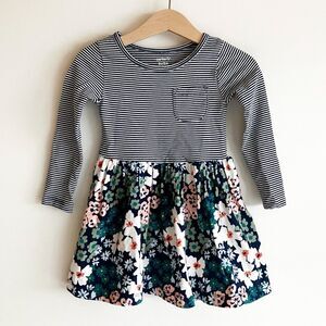 Carters Toddler Girls Size 2 2T Long Sleeve Dress Striped Floral Print Pocket